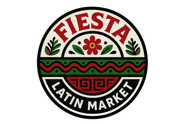 Fiesta Latin Market, circle logo, supermarket, red black white green color